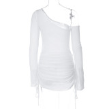 Women's  Autumn Slash Shoulder Long Sleeve Sexy See-Through Short Dress