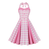 Women's  Summer Slim Waist Sweet Halter Neck Straps Pink Plaid Dress