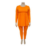 Women's  Plus Size Solid Color Long Sleeve Two Piece Pants Set For Women