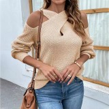 Autumn And Winter Solid Color Cross Halter Neck Lantern Sleeve Knitting Sweater For Women