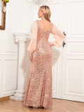 Women's  Sexy U-Neck Long Sleeve Shiny Evening Dress Chiffon Patchwork High Slit Pleated Long Dress