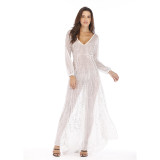 Women's  V-Neck Long Sleeve Sparkling Mesh Long Sexy Nightclub Dress For Women