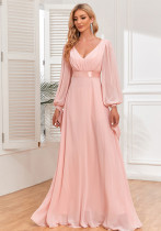 Pink Chiffon Dress Lace-Up Long Sleeves V-Neck Patchwork Elastic Waist Full Swing Evening Dress Pink Chiffon Dress Lace-Up Long Sleeves V-Neck Patchwork Elastic Waist Full Swing Evening Dress