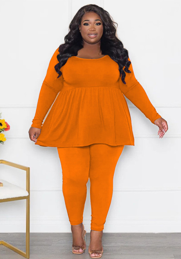 Women's Plus Size Solid Color Long Sleeve Two Piece Pants Set For Women