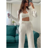 Women's  Autumn And Winter Embossed Style Short Shirt High Waisted Wide Leg Elastic Pants Two-Piece Set