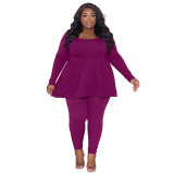 Women's  Plus Size Solid Color Long Sleeve Two Piece Pants Set For Women
