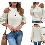 Autumn And Winter Solid Color Cross Halter Neck Lantern Sleeve Knitting Sweater For Women