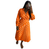 Striped Turndown Collar Casual Summer Women's  Pleated Slim Waist Long Dress