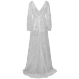 Women's  V-Neck Long Sleeve Sparkling Mesh Long Sexy Nightclub Dress For Women