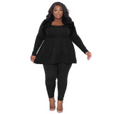 Women's  Plus Size Solid Color Long Sleeve Two Piece Pants Set For Women