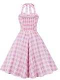 Women's  Summer Slim Waist Sweet Halter Neck Straps Pink Plaid Dress