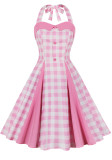 Women's  Summer Slim Waist Sweet Halter Neck Straps Pink Plaid Dress