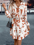 Autumn And Winter Women's  Turndown Collar Lantern Sleeve Printed Dress