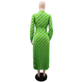 Striped Turndown Collar Casual Summer Women's  Pleated Slim Waist Long Dress