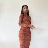 Women Fall Long Sleeve Printed Round Neck Maxi Dress