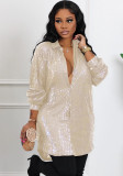 Women Solid Sequin Loose Shirt Dress