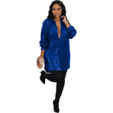 Women Solid Sequin Loose Shirt Dress