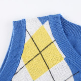 Women Solid Plaid Sleeveless V-Neck Sweater