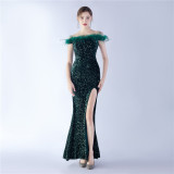 Women Sequined Ostrich Feather Off Shoulder Evening Gown