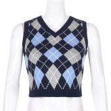 Women Solid Plaid Sleeveless V-Neck Sweater
