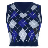 Women Solid Plaid Sleeveless V-Neck Sweater