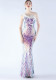 Women Sequined Ostrich Feather Slash Shoulder Evening Gown