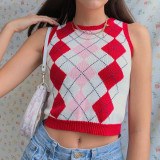 Women Solid Plaid Sleeveless V-Neck Sweater