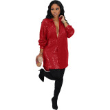 Women Solid Sequin Loose Shirt Dress