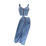 Women Feminine Crop Top and Denim Skirt Two-piece Set