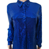 Women Solid Sequin Loose Shirt Dress