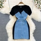 Women Round Neck Short Sleeve Denim Bodycon Dress