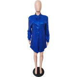 Women Solid Sequin Loose Shirt Dress