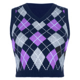 Women Solid Plaid Sleeveless V-Neck Sweater