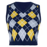 Women Solid Plaid Sleeveless V-Neck Sweater