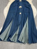 Women Turndown Collar Hollow Sleeveless Slit Denim Dress