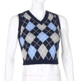 Women Solid Plaid Sleeveless V-Neck Sweater