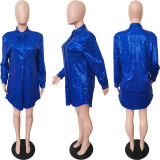 Women Solid Sequin Loose Shirt Dress