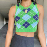 Women Solid Plaid Sleeveless V-Neck Sweater