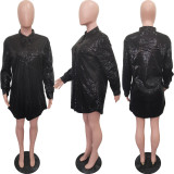 Women Solid Sequin Loose Shirt Dress
