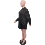 Women Solid Sequin Loose Shirt Dress