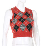 Women Solid Plaid Sleeveless V-Neck Sweater