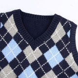 Women Solid Plaid Sleeveless V-Neck Sweater
