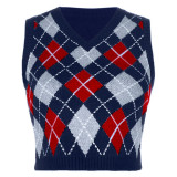 Women Solid Plaid Sleeveless V-Neck Sweater
