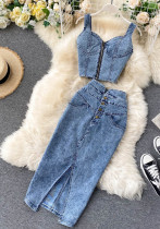 Women Feminine Crop Top and Denim Skirt Two-piece Set Women Feminine Crop Top and Denim Skirt Two-piece Set