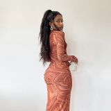 Women Fall Long Sleeve Printed Round Neck Maxi Dress