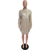 Women Solid Sequin Loose Shirt Dress