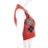 Women Solid Plaid Sleeveless V-Neck Sweater