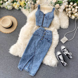 Women Feminine Crop Top and Denim Skirt Two-piece Set