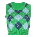 Women Solid Plaid Sleeveless V-Neck Sweater
