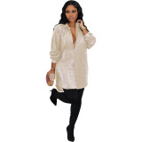 Women Solid Sequin Loose Shirt Dress